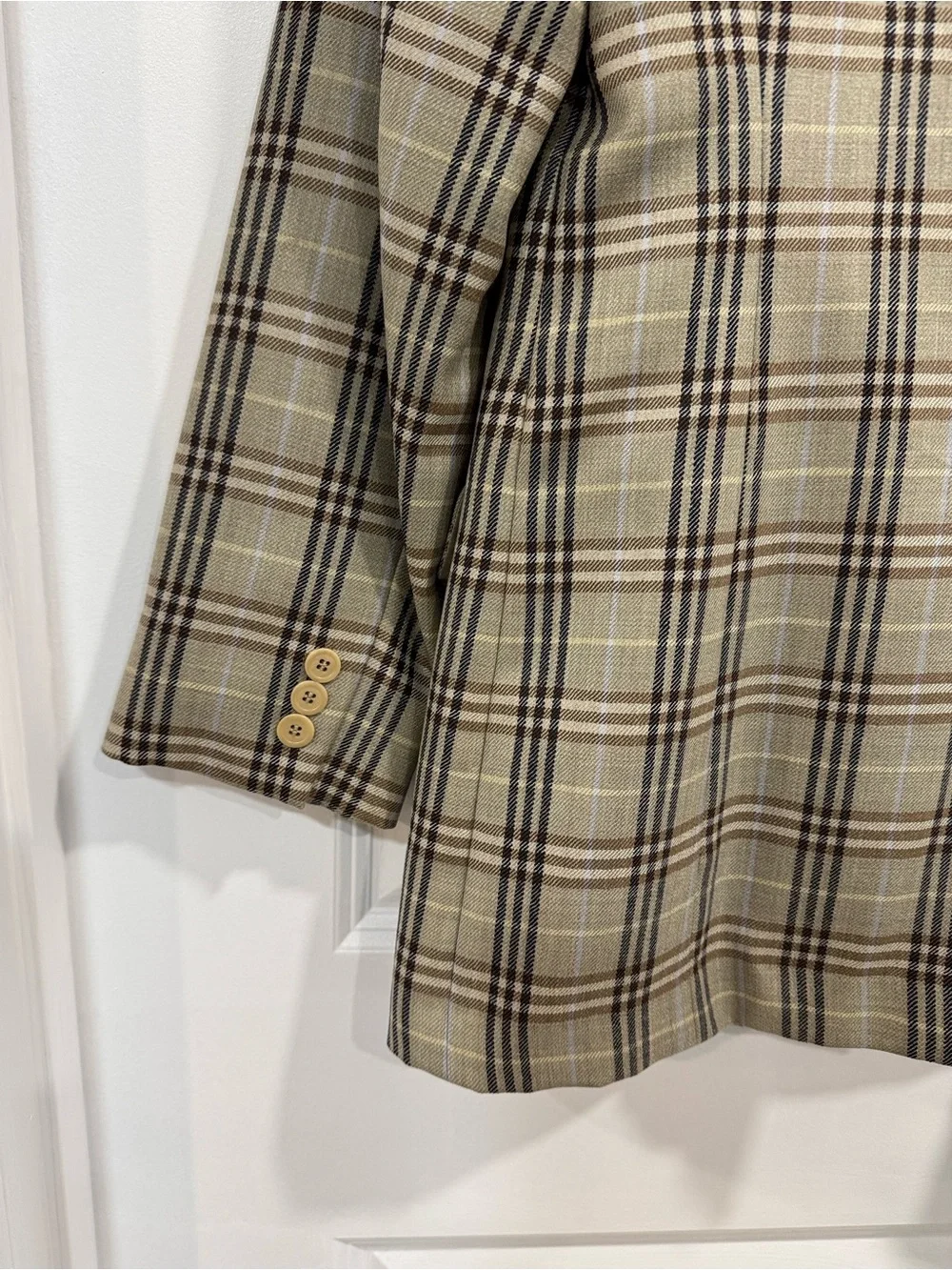 Liz Claiborne Vintage 100% Pure New Wool Plaid Blazer Suede Collar 8 Beige Brown